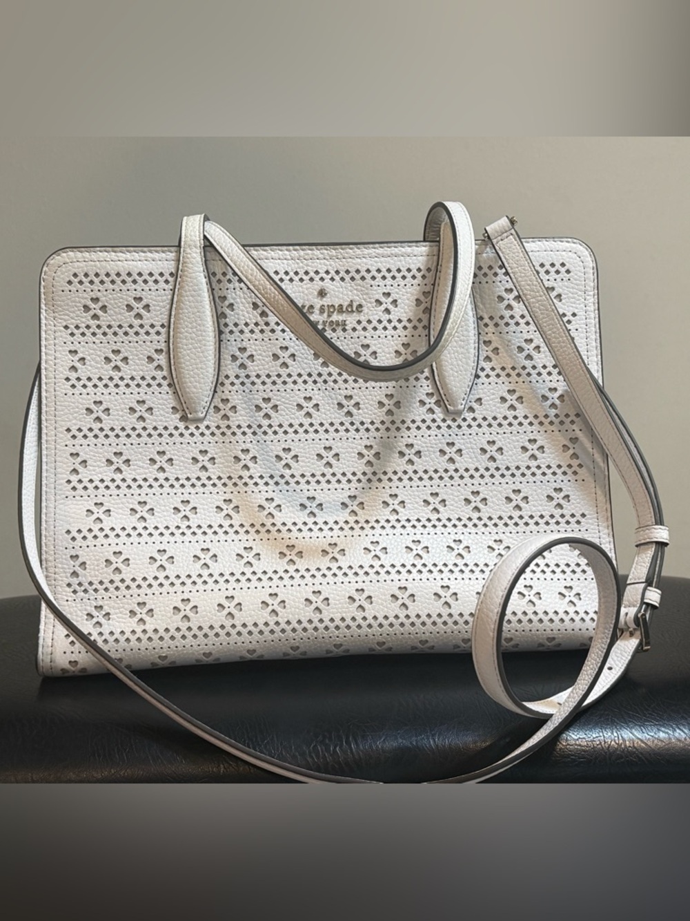 Kate Spade New York White perforated leather tote bag tassel